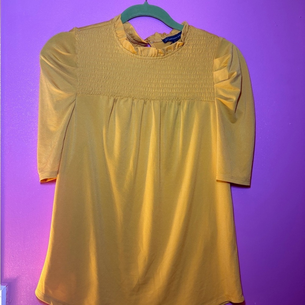 Adrianna Papell Gold Smocked Blouse with Mandarin Collar